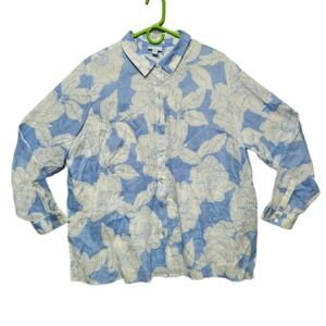 J JILL Love Linen Shirt Womens XL Blue Floral Button Up Lightweight Summer Top